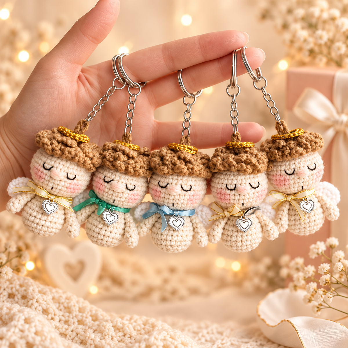 Angel keychain crochet pattern - five crocheted angel keychains