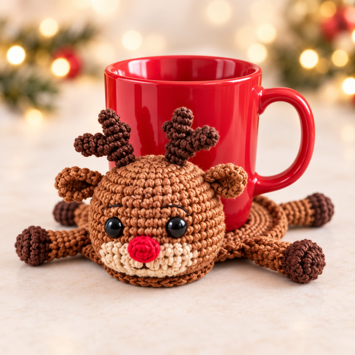 Christmas reindeer mug mat crochet pattern - holiday tabletop
