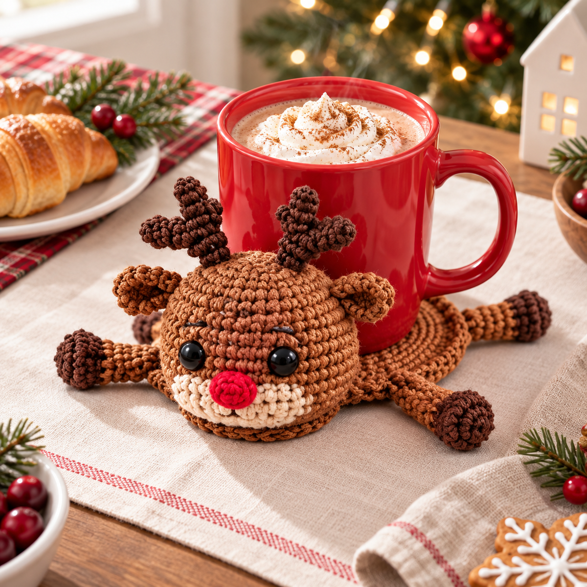 Christmas reindeer mug mat crochet pattern - mug in use