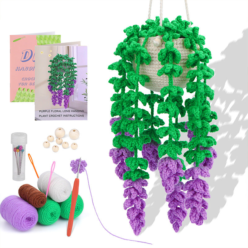 Colorful crochet hanging plant kit finished example and materials
