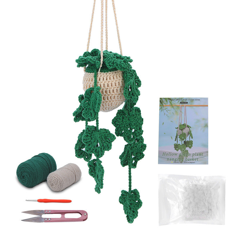 Green crochet hanging plant kit finished example with supplies