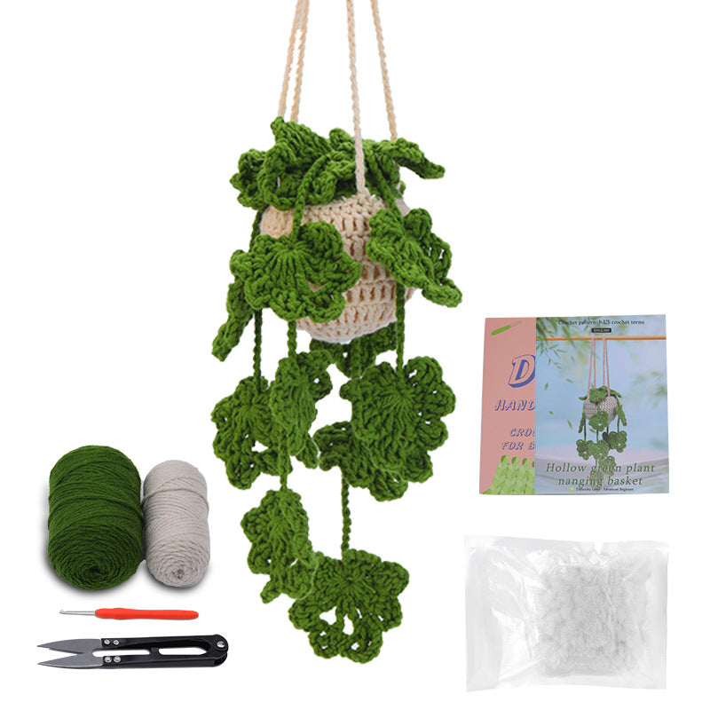 Green crochet hanging plant kit with yarn and hook