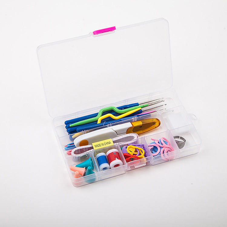 Crochet tool set arranged in its storage case