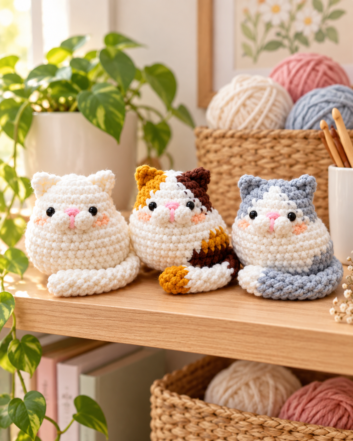 Cute Kitties crochet pattern - crochet cats in a craft room