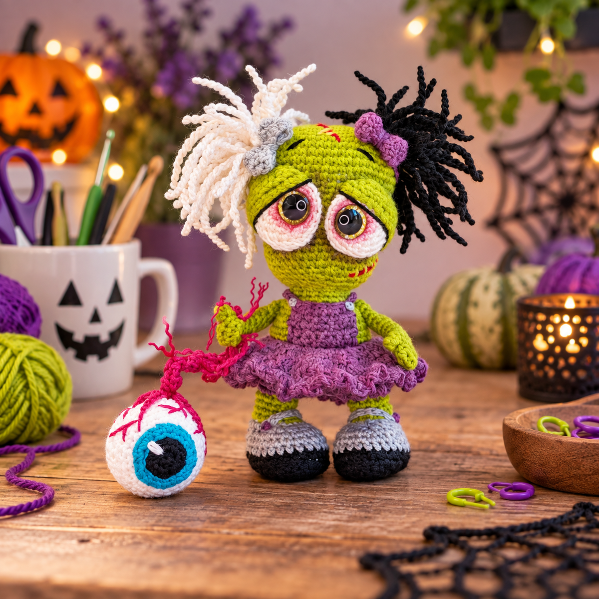 Drip Monster crochet pattern - Halloween craft table display