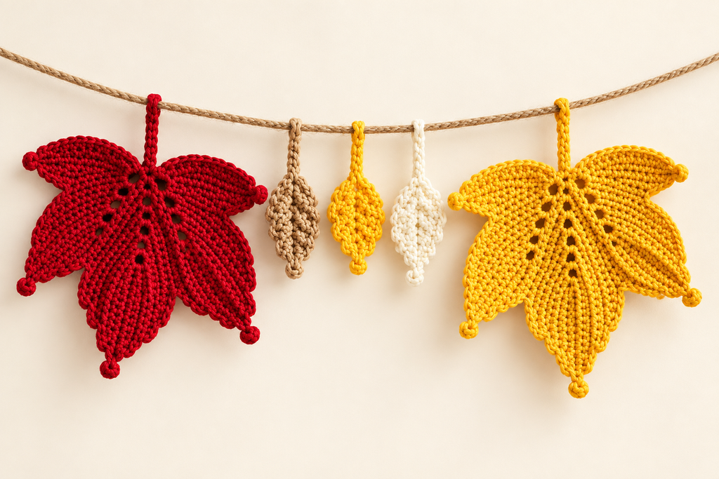 Crochet leaf garland pattern - full garland in autumn colors