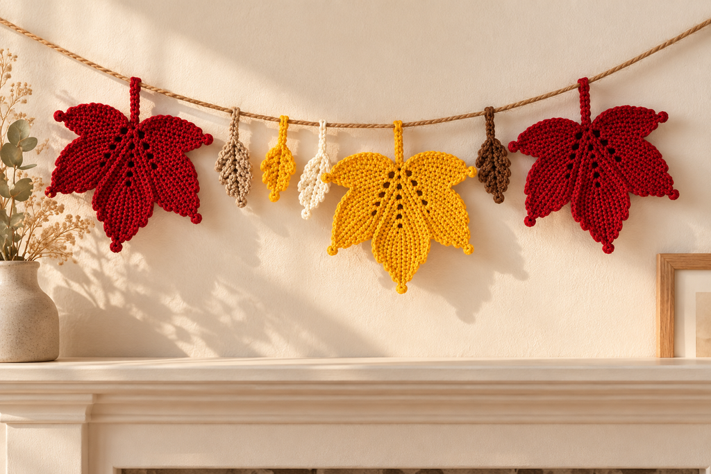 Crochet leaf garland pattern - styled on a neutral mantel