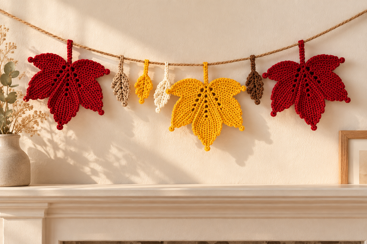 Crochet leaf garland pattern - styled on a neutral mantel
