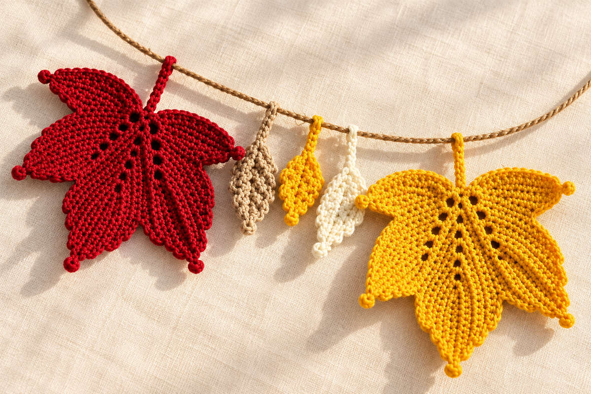 Crochet leaf garland pattern - tabletop display