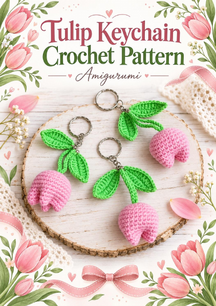 Tulip keychain crochet pattern - pink tulip and green leaf keychains
