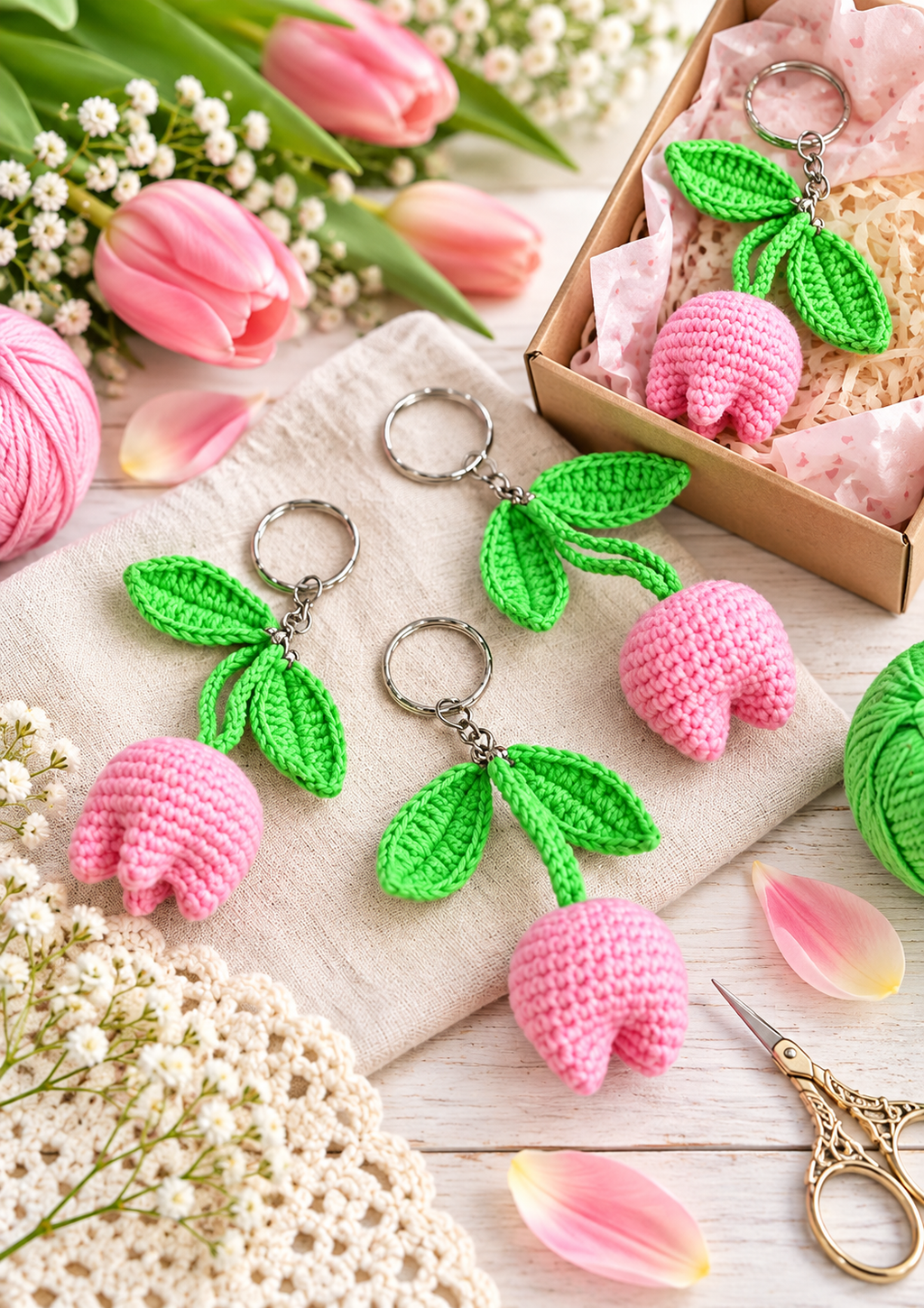 Tulip keychain crochet pattern - gift-ready floral keychains