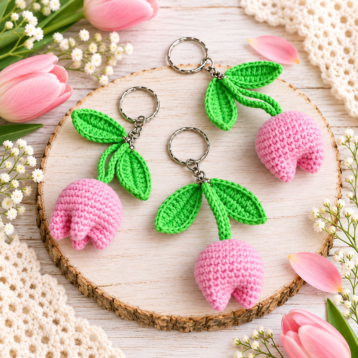Tulip keychain crochet pattern - three handmade tulip keychains